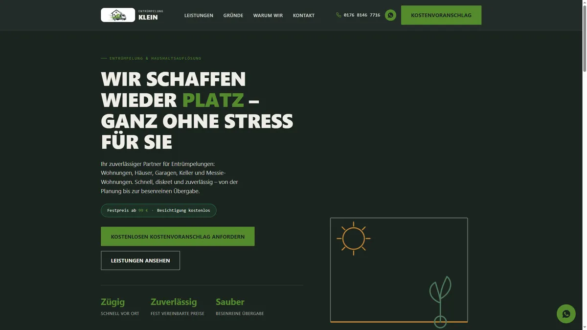 Home page of Entrümpelung Klein, a house clearance company, with a large headline, fixed-price note and a button for a free quote.