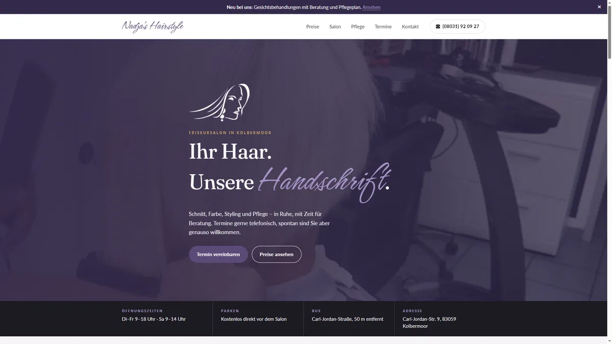 Home page of Nadja's Hairstyle: logo, headline and a bar with opening hours, parking, bus stop and address.