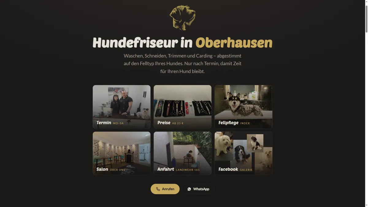Home page of Nick's Hundesalon, a dog grooming salon: golden dog logo, headline and six image tiles for appointments, prices, coat care, the salon, directions and gallery.